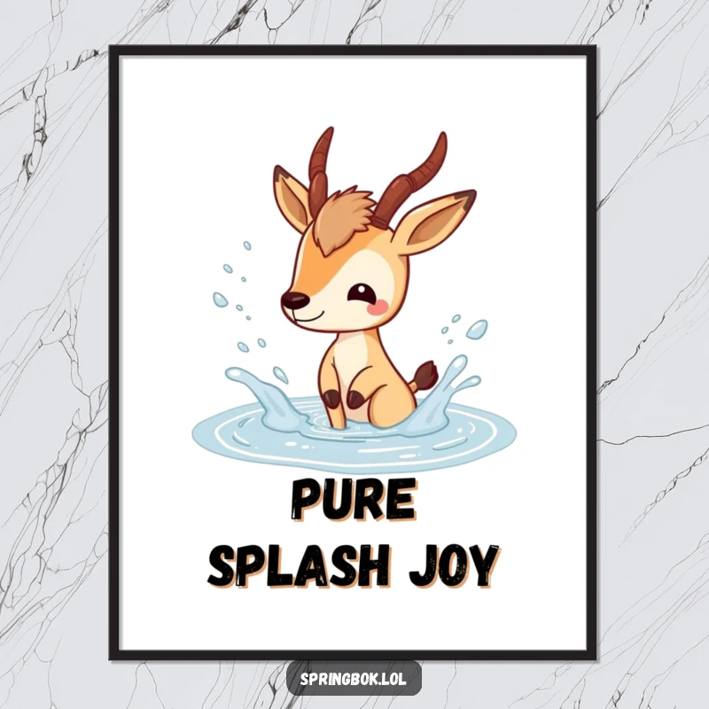 Funny springbok poster depicting a playful springbok character splashing happily in a puddle, fun wall art for animal lovers.