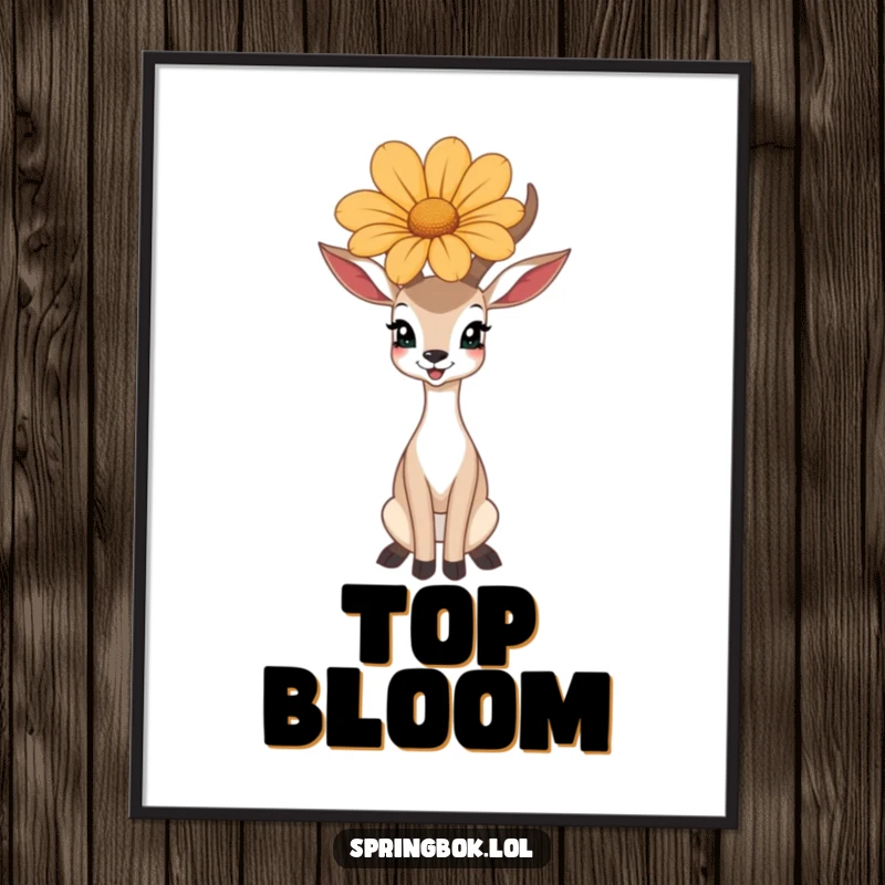 Funny poster artwork of a happy antelope balancing a large flower on its head, perfect for decor.