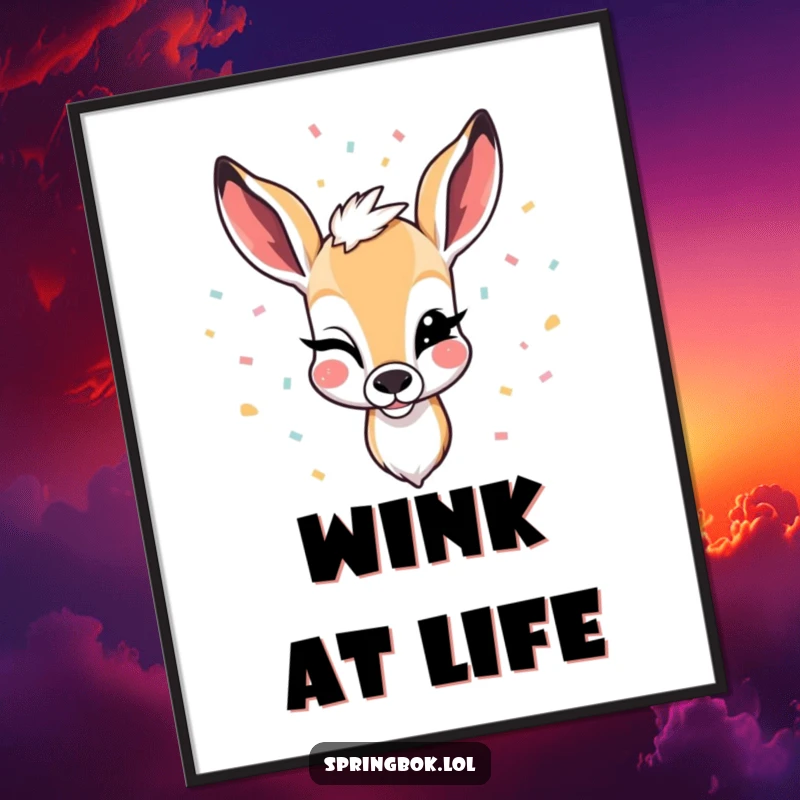 Funny poster artwork of a springbok winking with a festive shower of confetti, adding a celebratory and humorous touch.