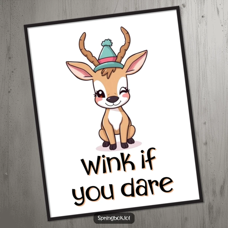 Funny Poster: A fun-loving antelope sports a comical hat and offers a flirtatious wink, adding a humorous and lively touch to wall decor.