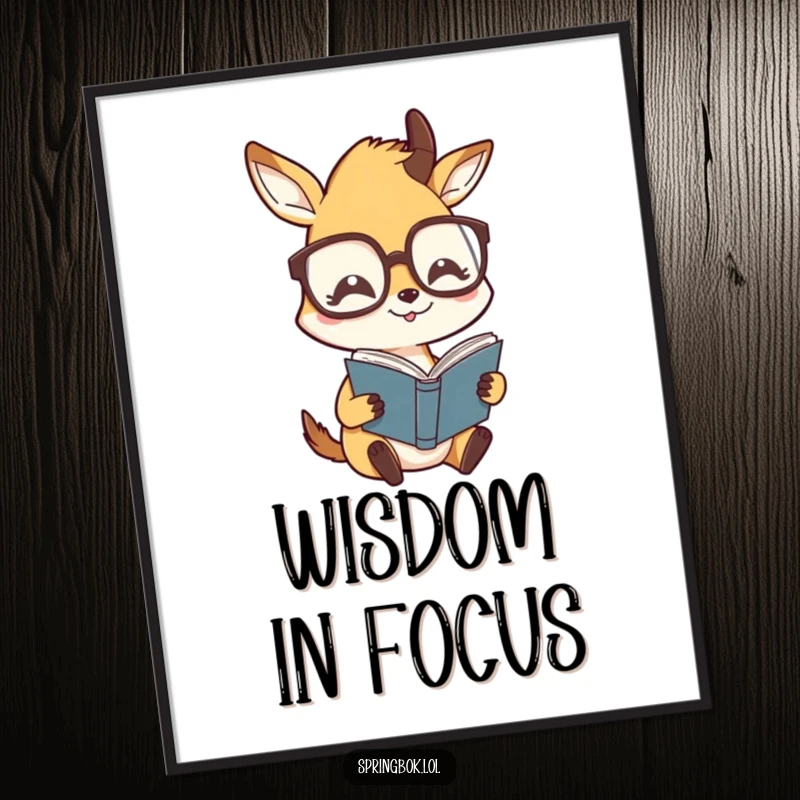 Funny poster depicting a springbok character wearing oversized glasses, humorously reading a book, adding intellectual charm.