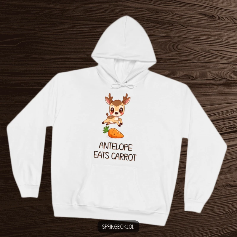 Funny hoodie depicting a small antelope with large eyes leaping over a tiny carrot, cozy and cheerful apparel.
