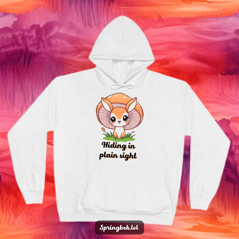 Funny hoodie graphic of a springbok character peeking with wide eyes from behind a large, cheerful mushroom, evoking nature's secrets.