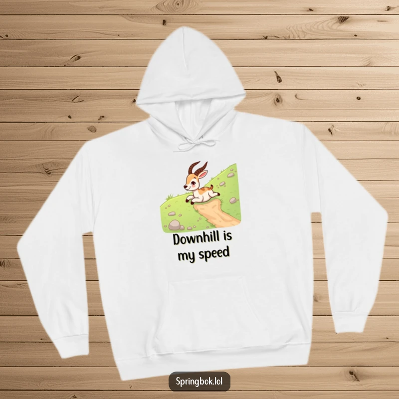 Funny springbok hoodie with a happy, giggling springbok sliding down a grassy hill on its belly, perfect for cozy comfort.