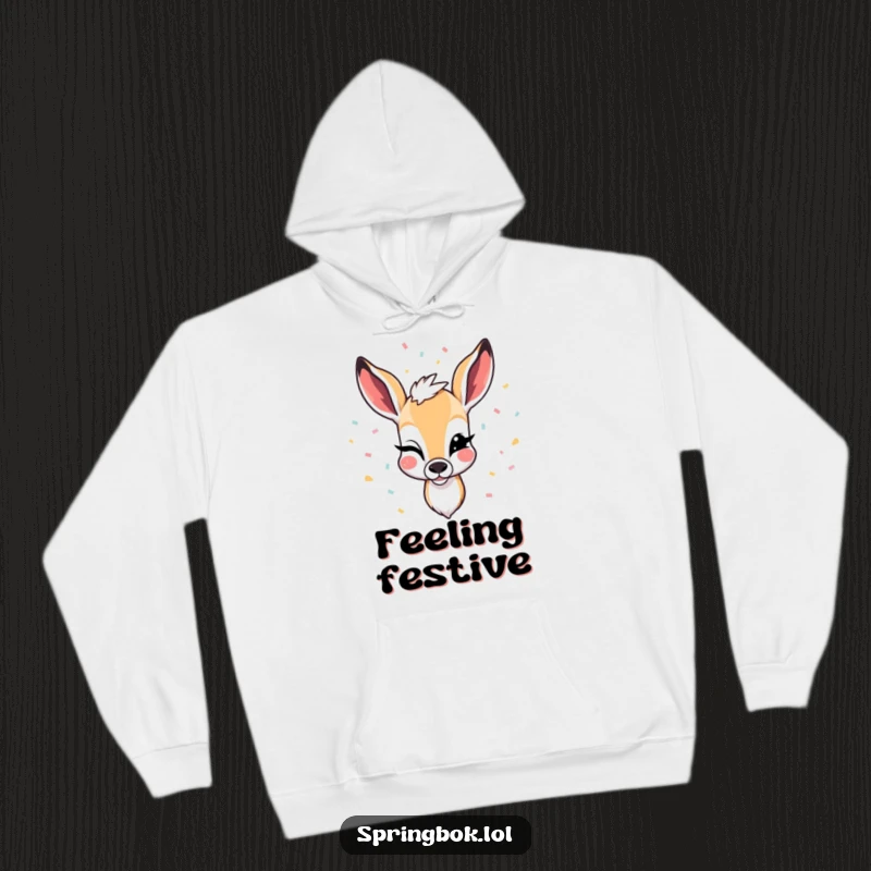 Funny hoodie illustrating a springbok winking with confetti falling, creating a festive and humorous party atmosphere.