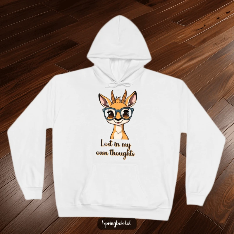 Funny springbok wearing large glasses, its face showing total bewilderment, on a warm and cozy hoodie.