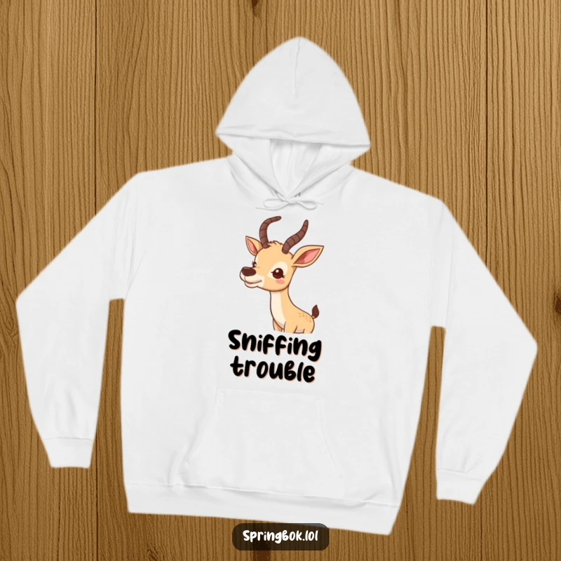 Funny hoodie with a cute antelope wiggling its nose inquisitively, ideal for cozy wear.