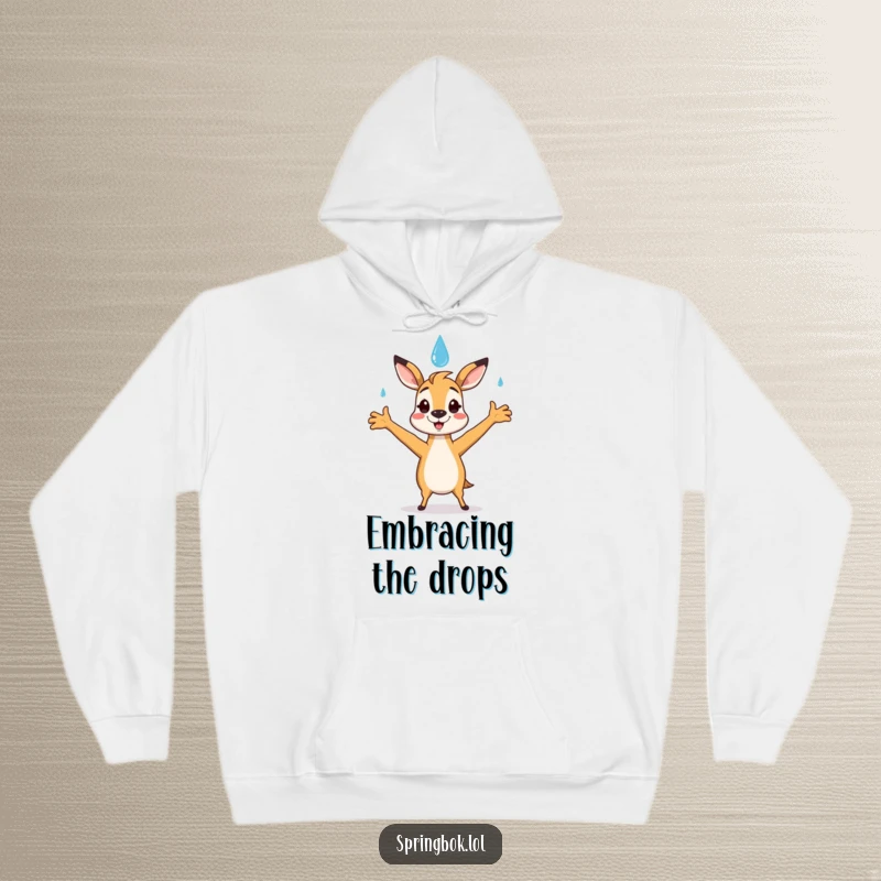 Funny springbok hoodie showcasing a springbok character happily catching a smiling raindrop with open arms, perfect for comfort.