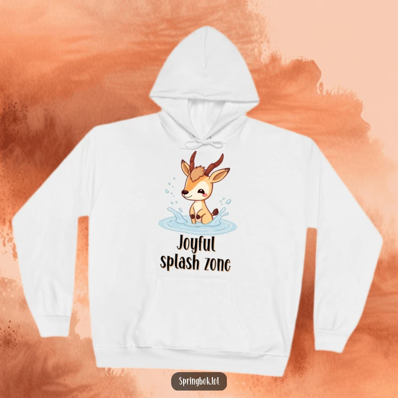 Funny springbok hoodie showcasing a playful springbok character splashing happily in a puddle, perfect for comfort and style.