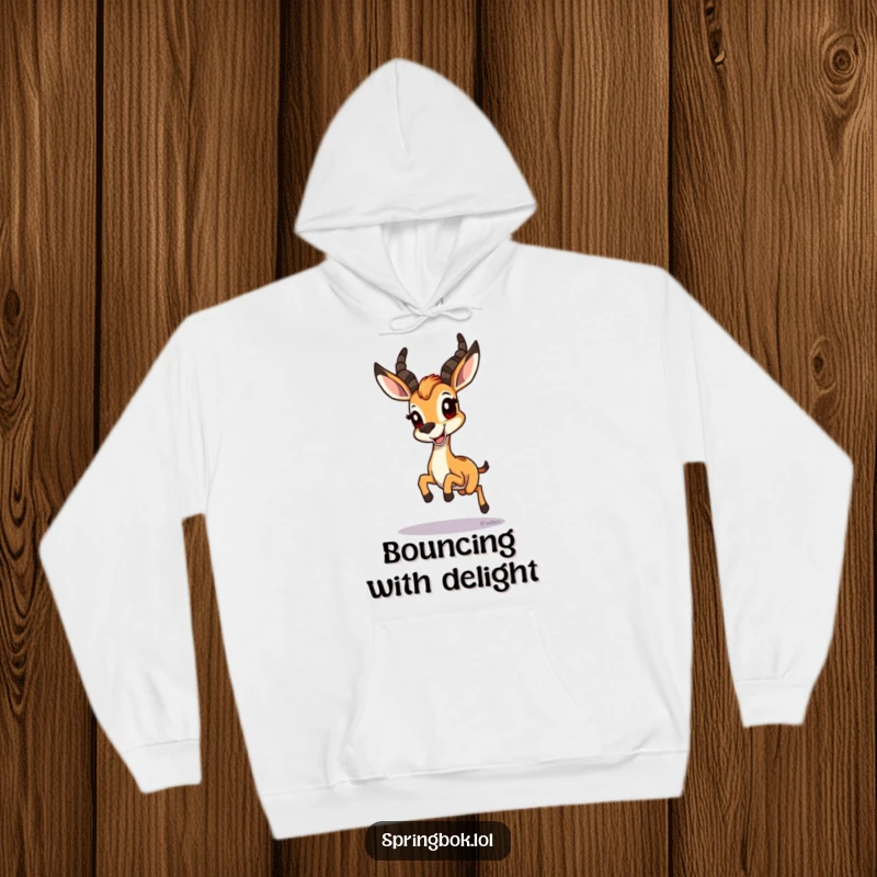 Funny Springbok Hoodie: A springbok in a playful hop with a massive grin, embodying cheerful and funny spirits.