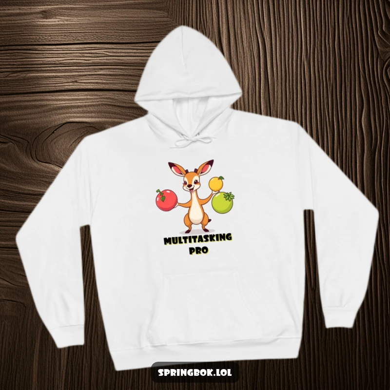 Funny springbok juggling three bright fruits with great enthusiasm, featured on a comfortable hoodie.