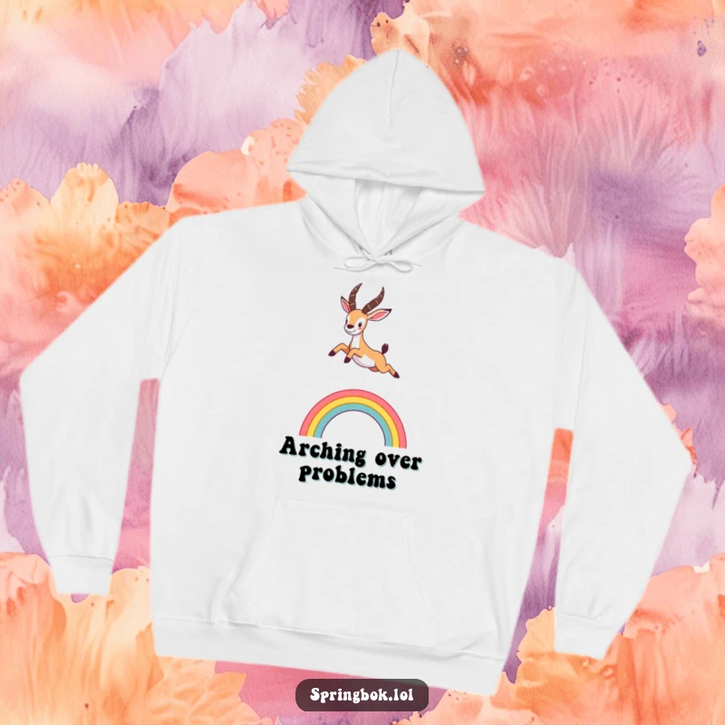 Funny hoodie featuring a cute springbok leaping enthusiastically over a rainbow, designed for comfort and cheerful vibes.
