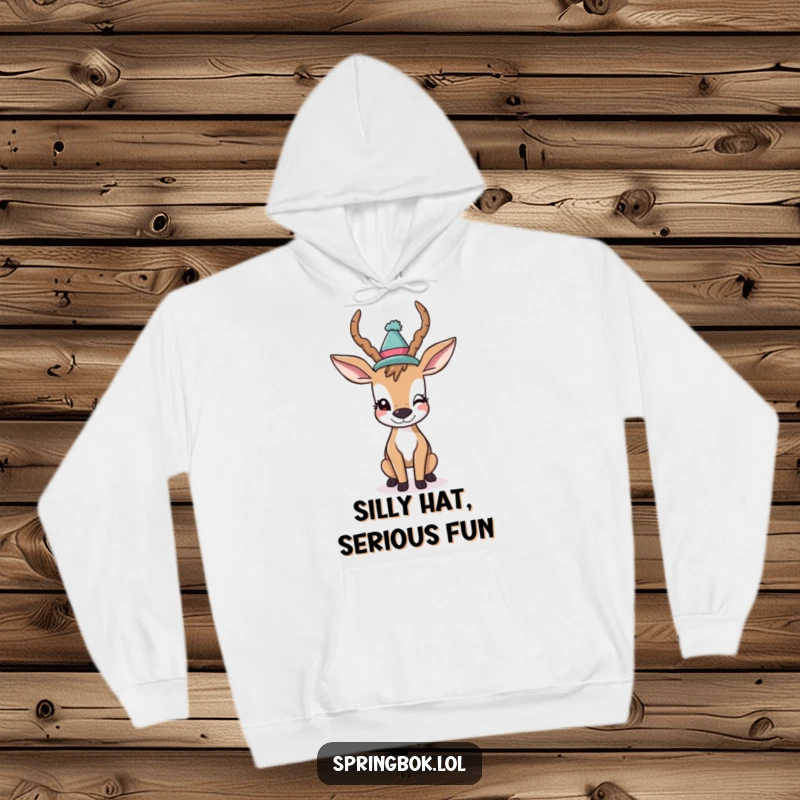 Funny Hoodie: A playful antelope with a quirky hat winks cheekily, offering a blend of comfort and comical charm.