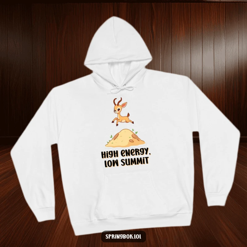 Funny tiny antelope character joyfully leaping high over a hill on a cozy hoodie, perfect for spreading cheer.