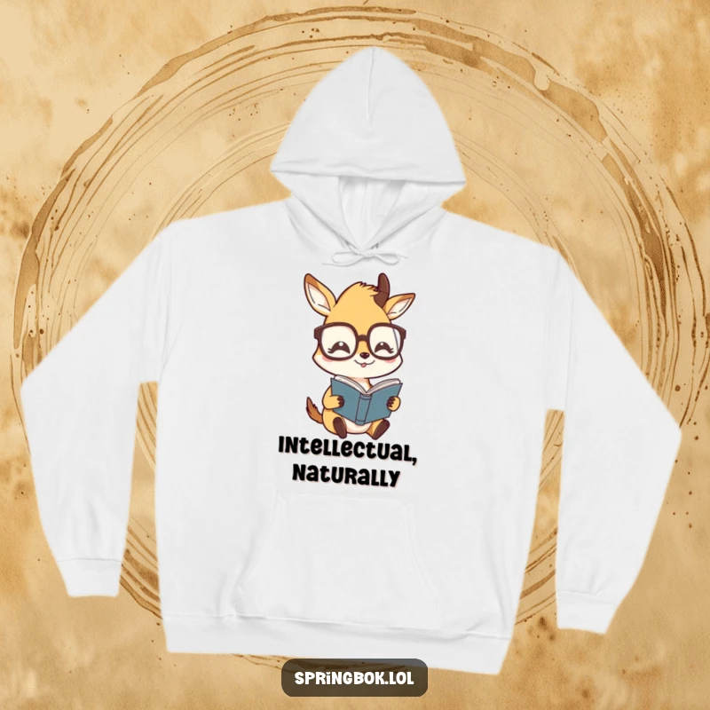 Funny hoodie with a springbok character wearing oversized glasses, humorously reading, soft and cozy with witty art.