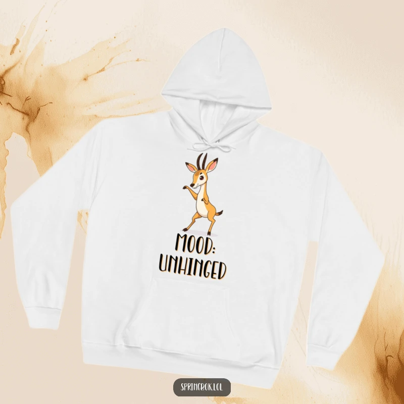 Funny Springbok Hoodie with a springbok in a chaotic, funny dance pose, radiating pure, uninhibited joy and humor.