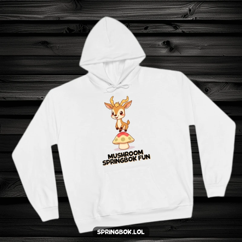 Funny hoodie depicting a springbok with a goofy grin bouncing on a springy mushroom cap, cozy and energetic apparel.