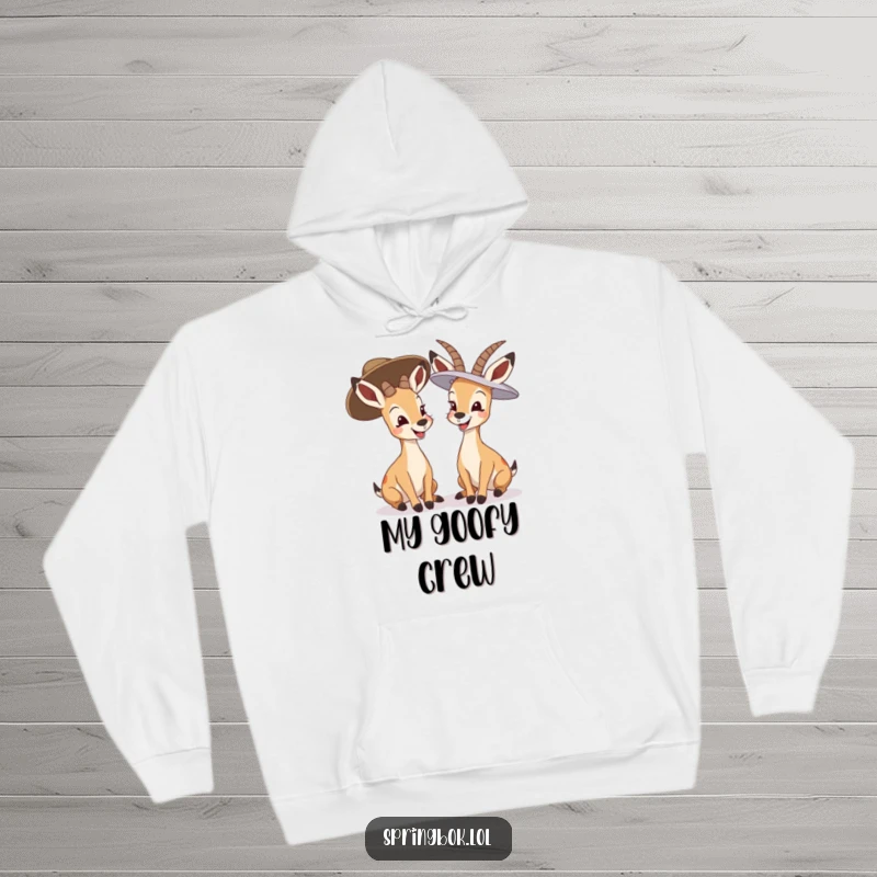 Funny springbok giggling hoodie, two springboks in oversized hats laughing together, comfortable and humorous outerwear.