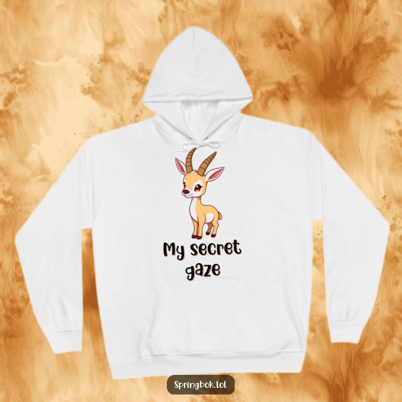 Funny springbok hoodie shows a springbok character looking over its shoulder in a funny pose, offering cozy and humorous wear.