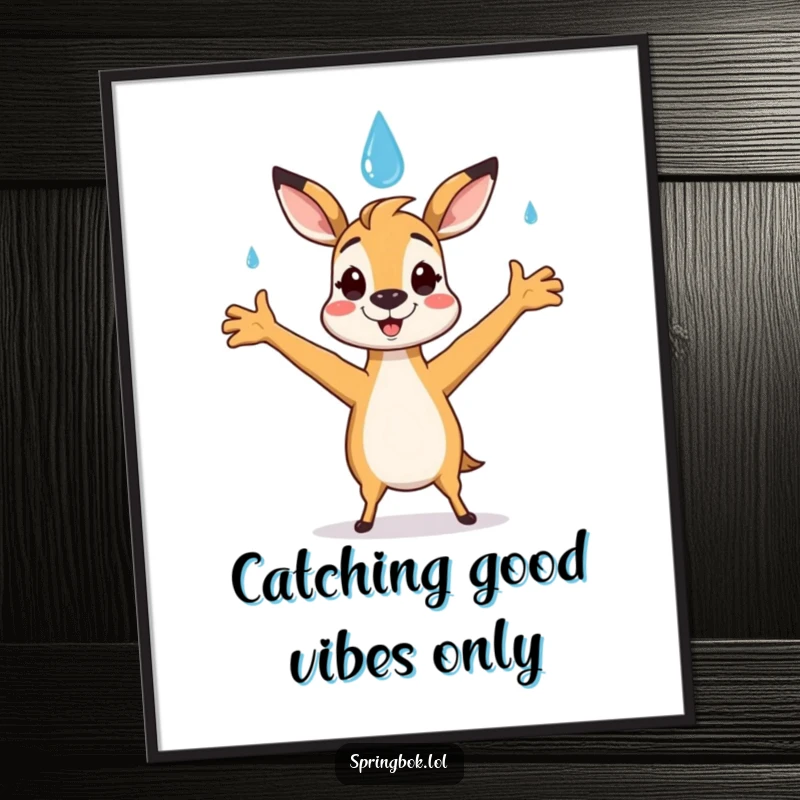 Funny Free Printable Springbok Wall Art: A springbok character catching a smiling raindrop, symbolizing gentle moments and happiness.