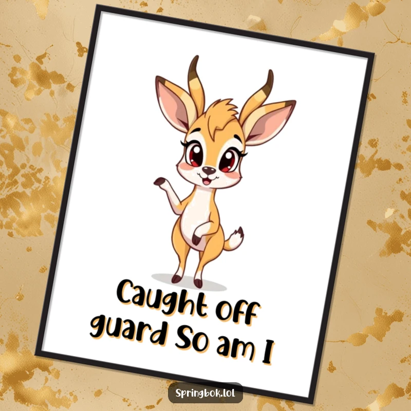 Funny Free Printable Wall Art: A springbok is depicted in a moment of comical surprise with one leg raised.