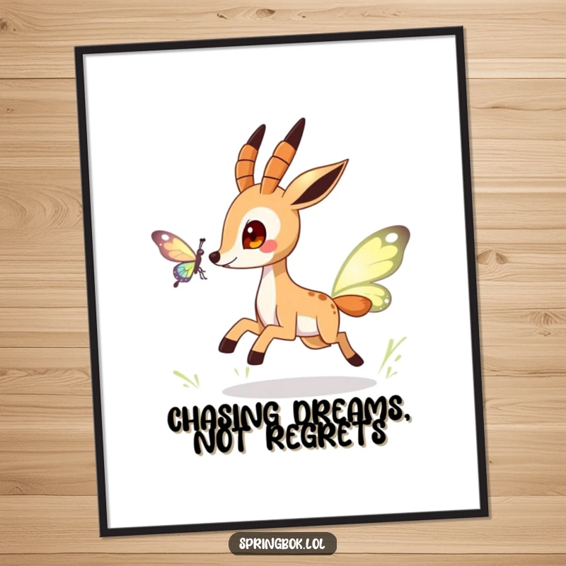 Funny free printable wall art showing a springbok character joyfully chasing a shimmering, stylized butterfly.