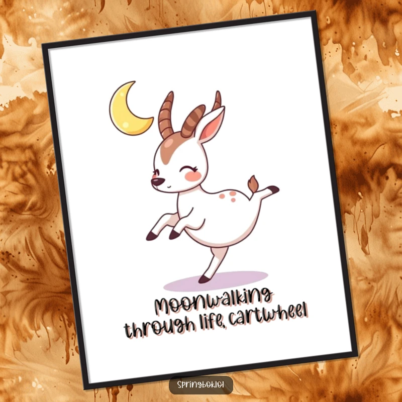Funny free printable wall art of a springbok character doing a cartwheel under a crescent moon, cheeks rosy.