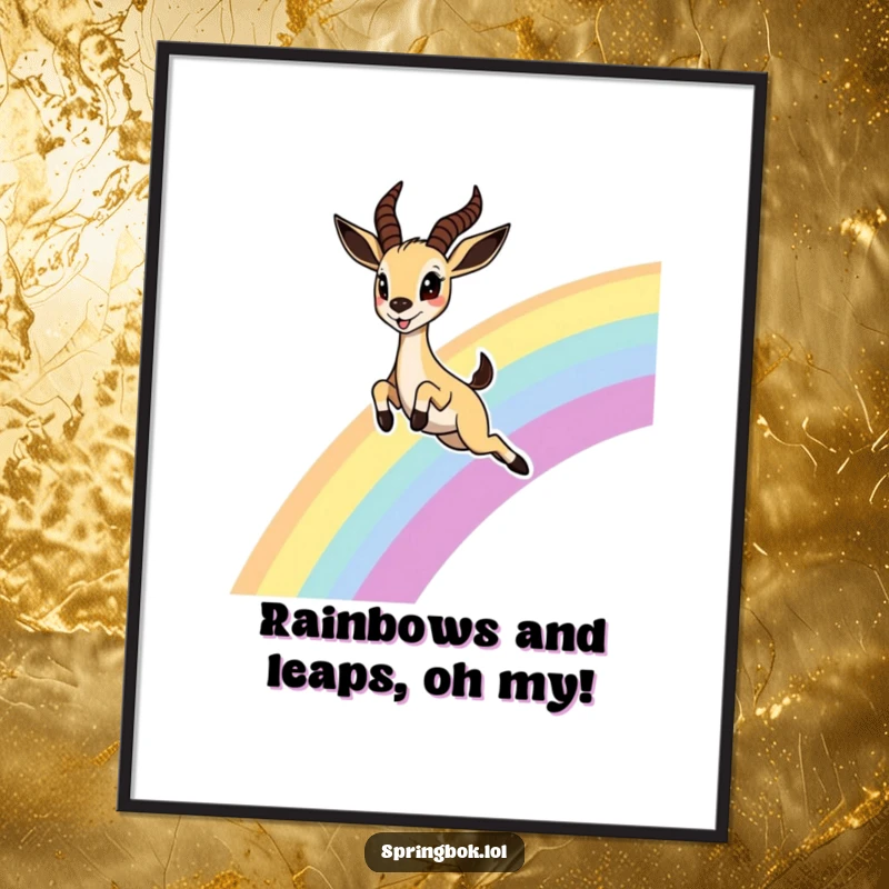 Funny Free Printable Wall Art depicting a cute springbok leaping with delight over a colorful rainbow, eyes wide with wonder.