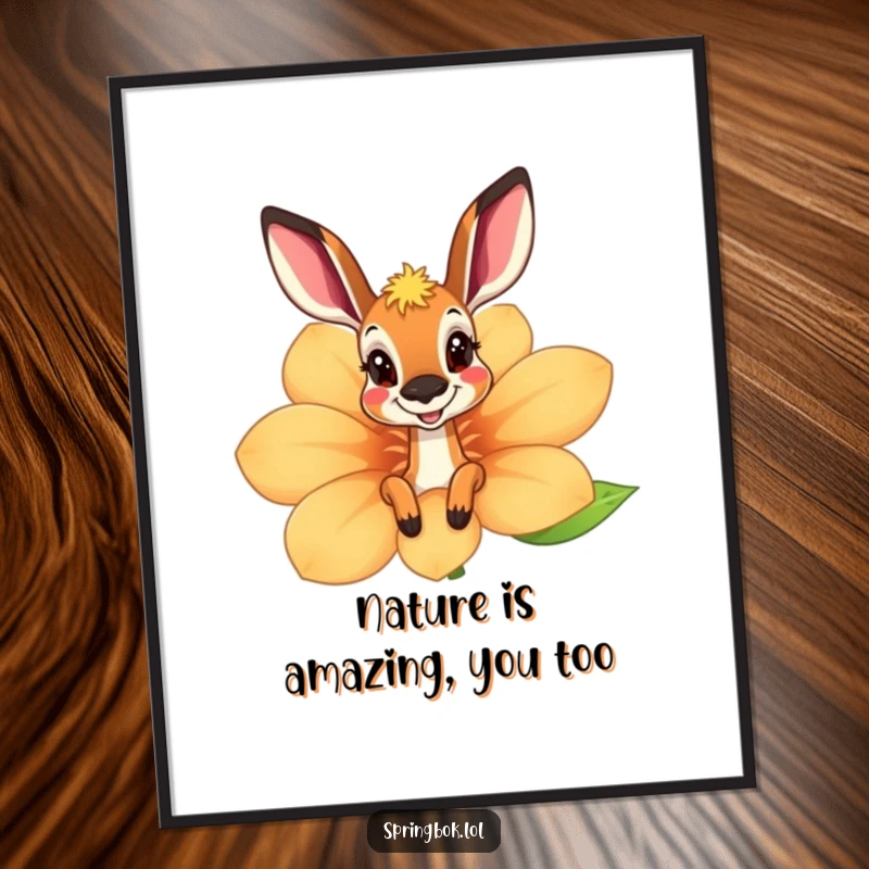 Funny Free Printable Springbok Wall Art peeking from a giant flower, bringing playful energy and a touch of nature indoors.