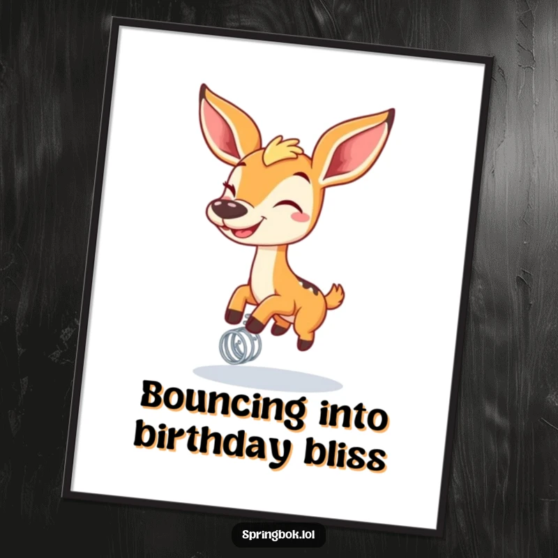 Funny Free Printable Wall Art showcasing a happy springbok with a wide grin bouncing high on a spring, full of life.