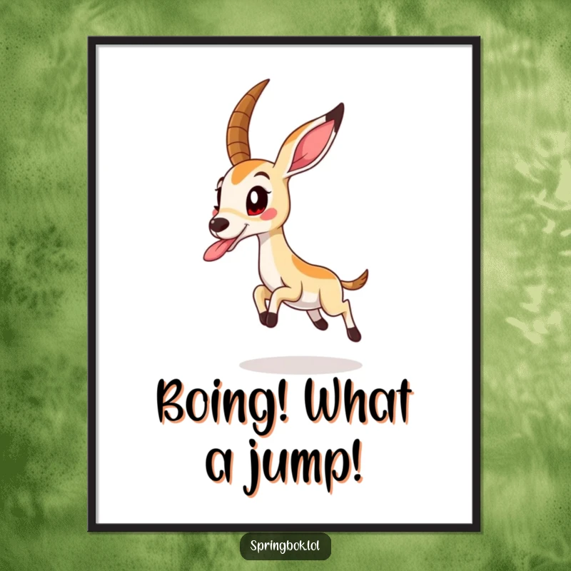Funny Free Printable Wall Art: A springbok in a dynamic mid-air jump, tongue playfully sticking out, exuding pure, unadulterated fun.