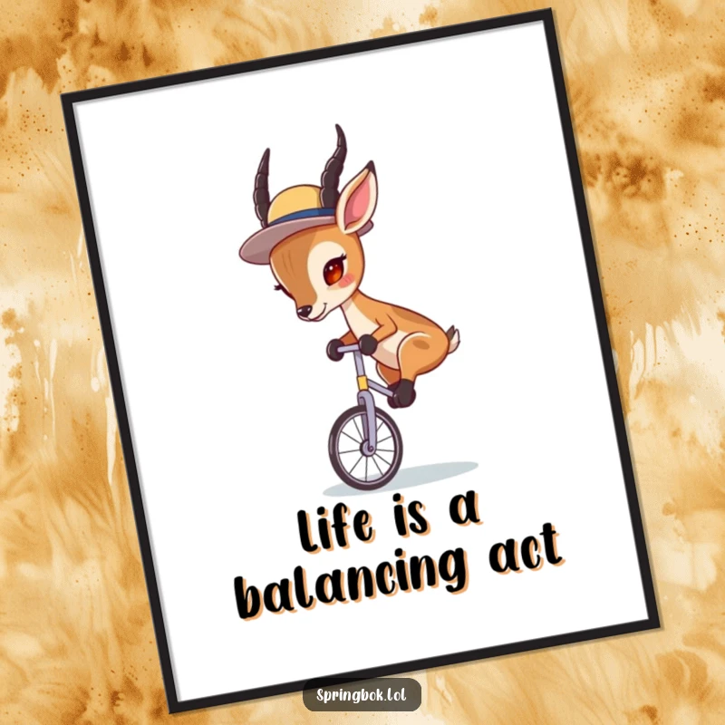 Funny Free Printable Wall Art of a springbok wearing a tiny hat, intensely focused as it rides a unicycle.