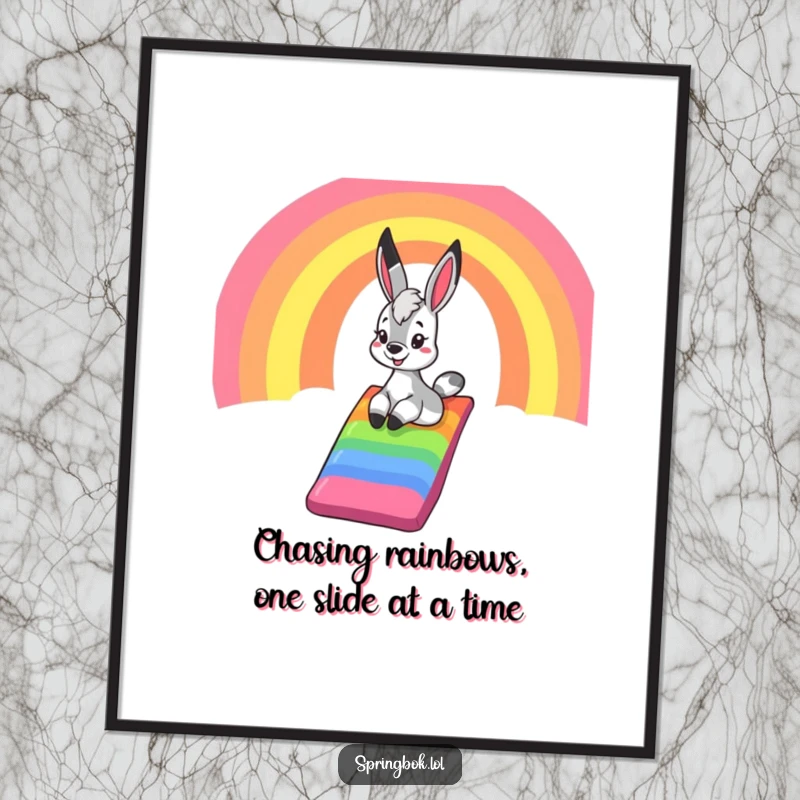 Funny Free Printable Wall Art: a springbok with pure happiness sliding down a bright rainbow chute, spreading good vibes.