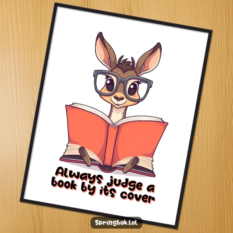 Funny Free Printable Wall Art of a springbok wearing extra-large glasses, engrossed in reading a massive, open book.