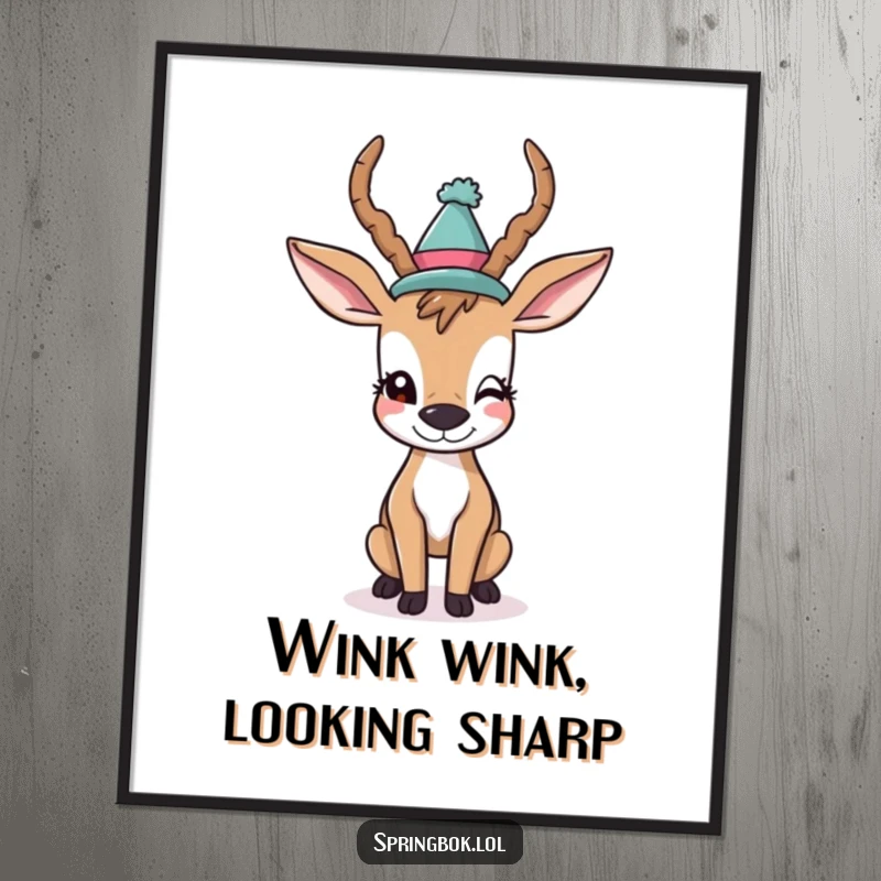 Funny Free Printable Wall Art: Playful antelope in a silly hat winks, whimsical decor.