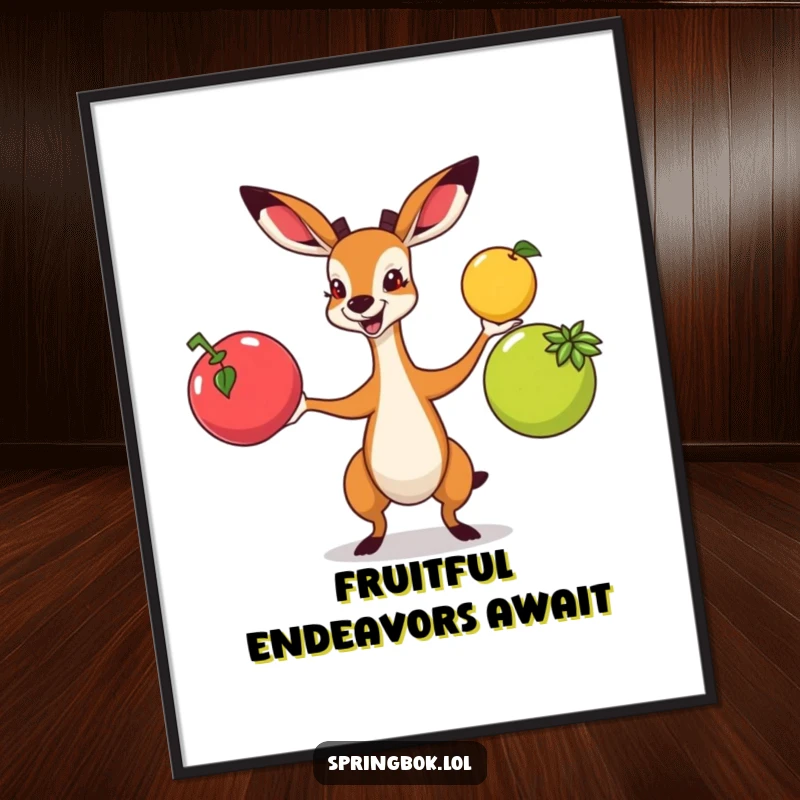 Funny Free Printable Wall Art: A springbok energetically juggling three brightly colored fruits, creating a dynamic and cheerful visual.