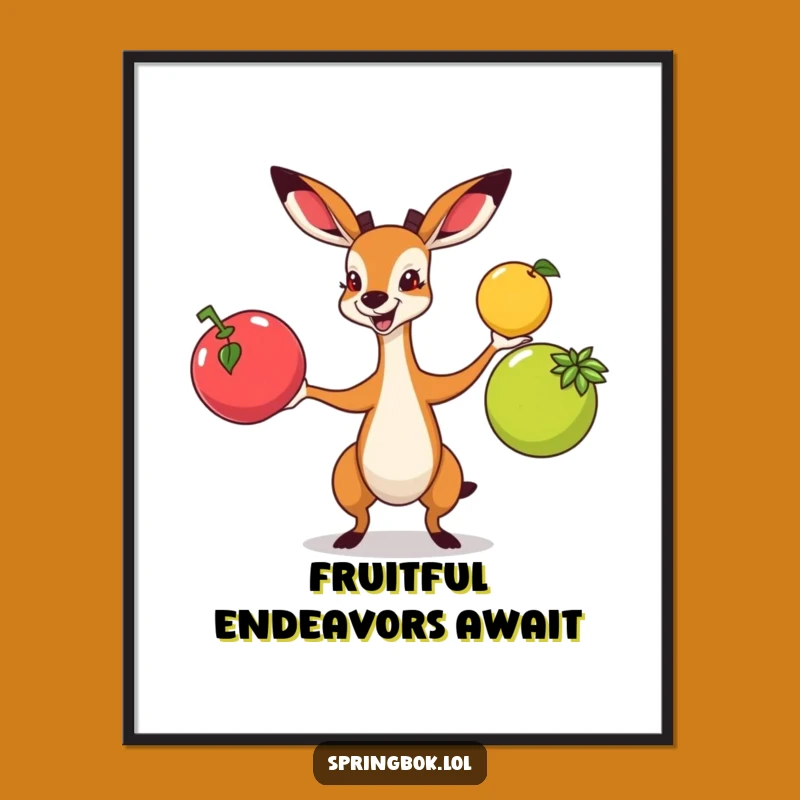 Free Printable Wall Art: Juggling Springbok - Whimsical Fruit Fiesta Downloadable