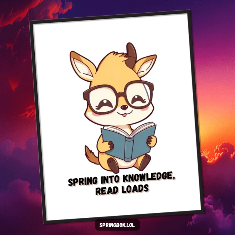 Funny Free Printable Wall Art: A springbok in oversized glasses humorously reading a book, adding intellectual charm.