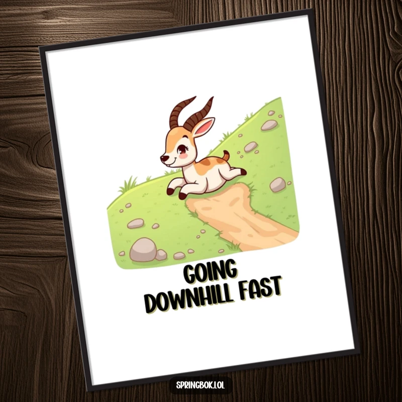 Funny Free Printable Wall Art: Springbok sliding down a grassy hill on its belly, laughing with pure joy. Whimsical decor.