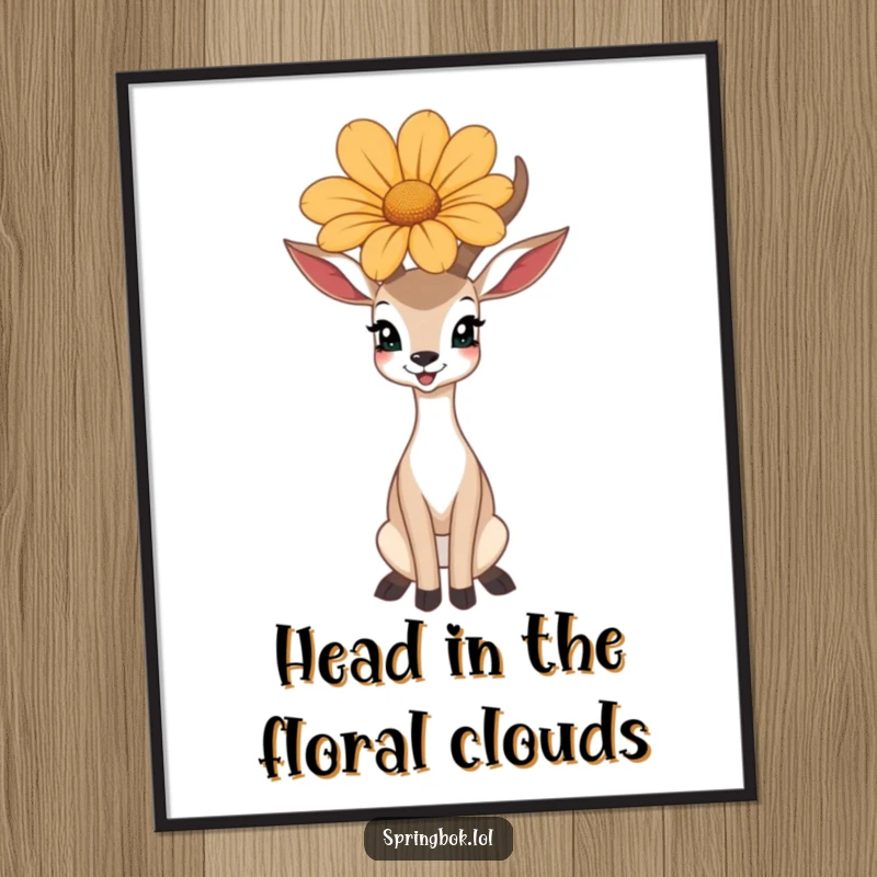 Funny Free Printable Wall Art: A happy antelope balances a large, colorful flower on its head, creating a whimsical decorative piece.