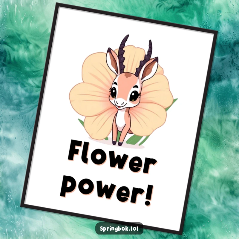 Funny Free Printable Wall Art: Springbok peeking from behind a massive, colorful flower with wide, curious eyes. Whimsical art.