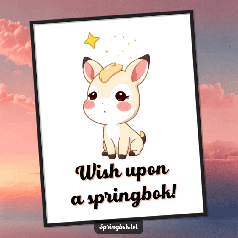 Funny Free Printable Wall Art: A springbok character with rosy cheeks gazing in awe at a vast, beautiful starry night sky.