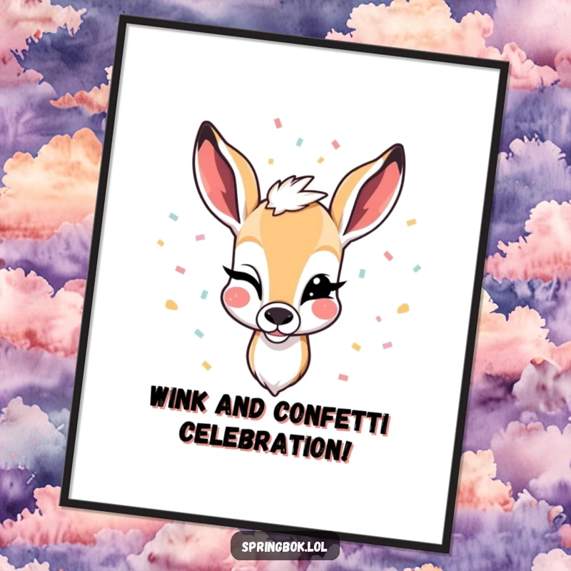 Funny Free Printable Wall Art: A springbok winks cheekily with colorful confetti falling around it. Humorous, festive, downloadable, print-at-home decor.