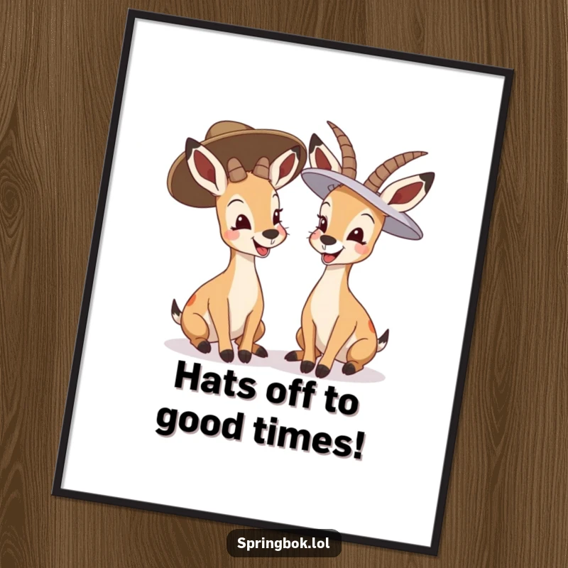Funny Free Printable Wall Art: Two springboks giggling uncontrollably while wearing ridiculously oversized, fashionable hats.