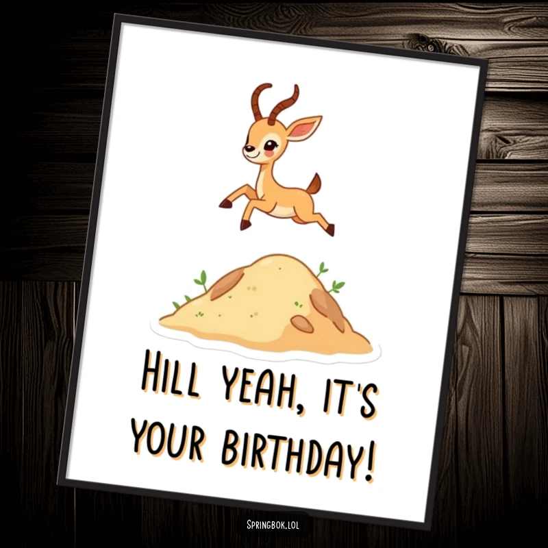 Funny Free Printable Wall Art of a small antelope character joyfully leaping high over a green hill, full of life.