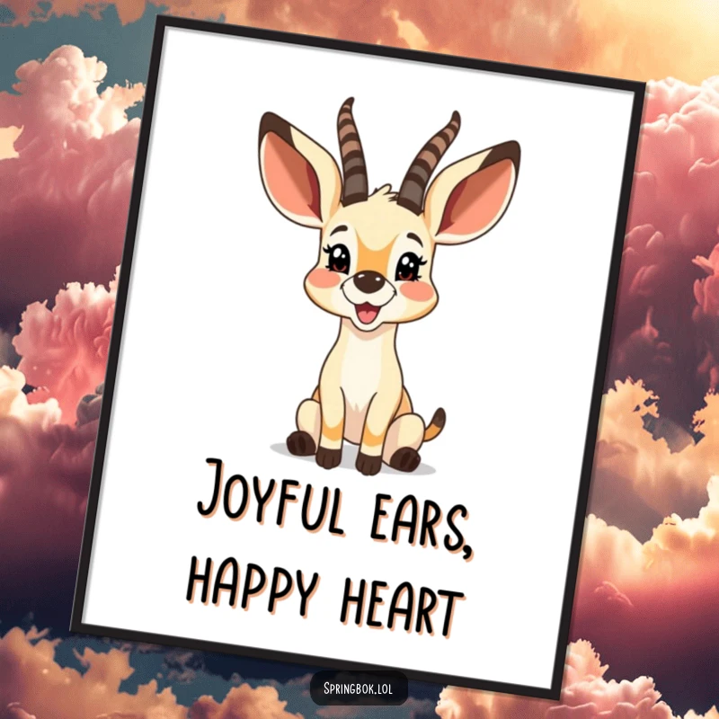 Funny Free Printable Wall Art: A springbok with enormous, bouncy ears expressing pure glee, a joyful downloadable art piece.