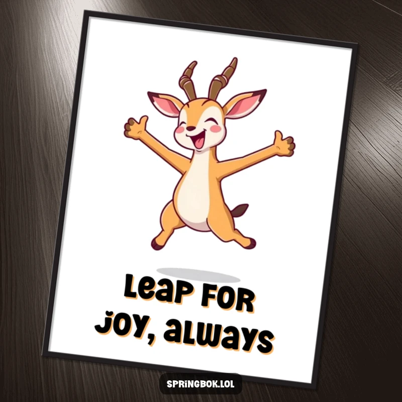 Funny Free Printable Kawaii Springbok Wall Art captured mid-jump with arms spread wide, radiating pure, unadulterated joy.