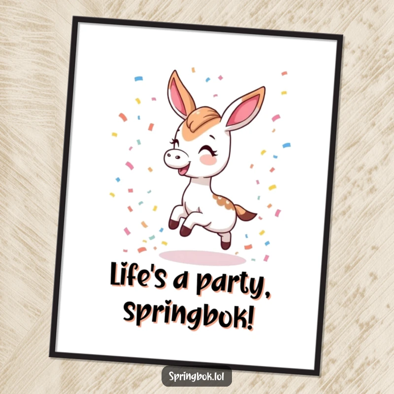 Funny Free Printable Wall Art: A cute Kawaii springbok trips playfully, scattering a delightful shower of colorful confetti.