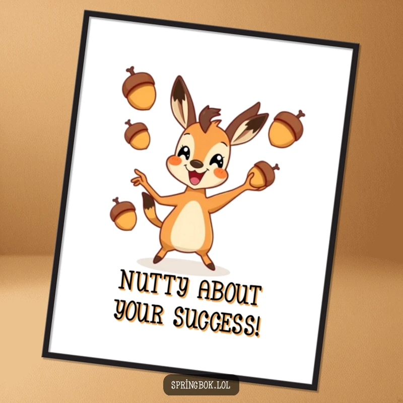 Funny Free Printable Wall Art: Amusing Springbok character joyfully juggling acorns, perfect downloadable decor.