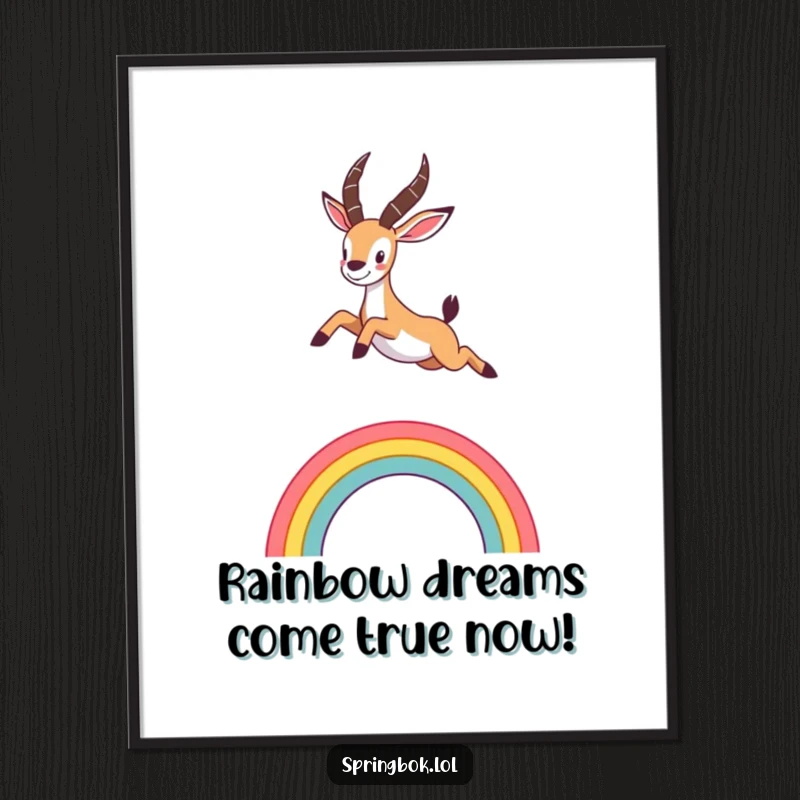 Cute Free Printable Wall Art: A springbok in mid-leap, energetically jumping over a beautifully stylized rainbow arc, radiating happiness and freedom.